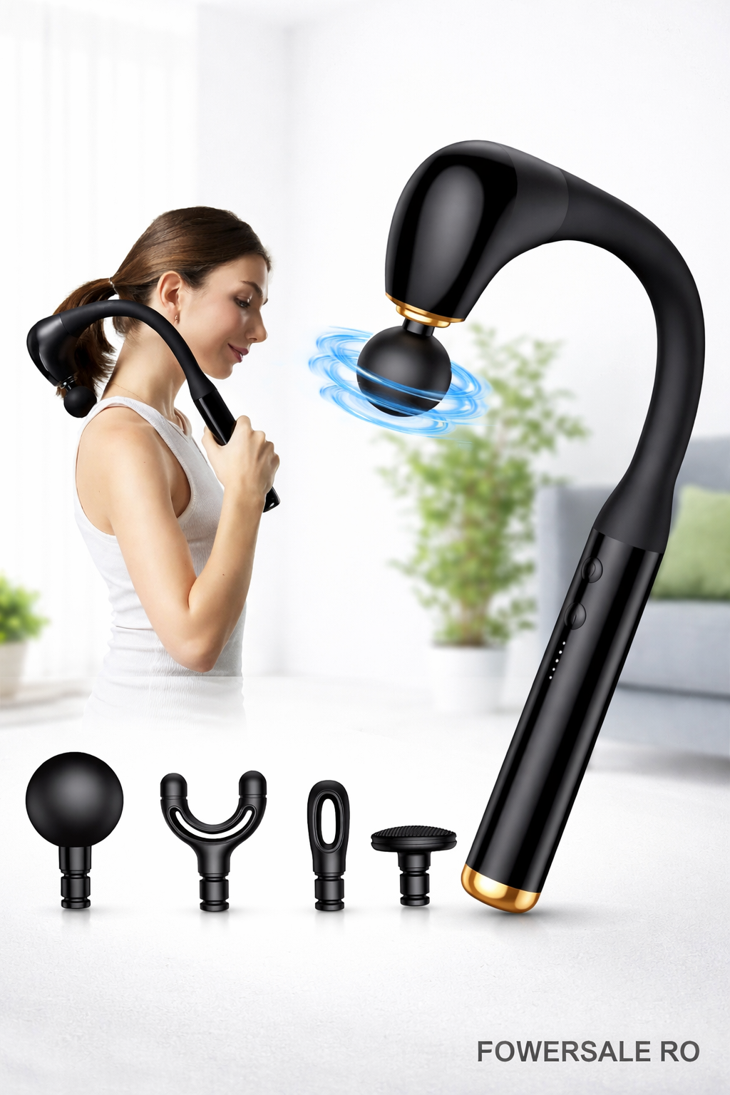 Aparat de Masaj Profesional Flexibil Forma L – 5 Viteze, 4 Capete Interchangeabile, USB-C, 10W – Masaj Muscular & Relaxare