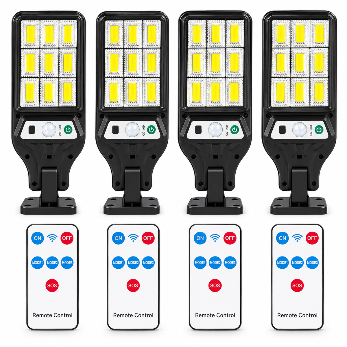Set 4 Lămpi Solare LED cu Senzor de Mișcare, 60 LED, 800 lm, 3 Moduri, Telecomenzi