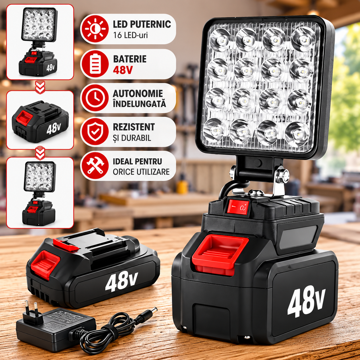 Lampă LED Portabilă 48W cu Acumulator 48V, Proiector Reglabil 90°