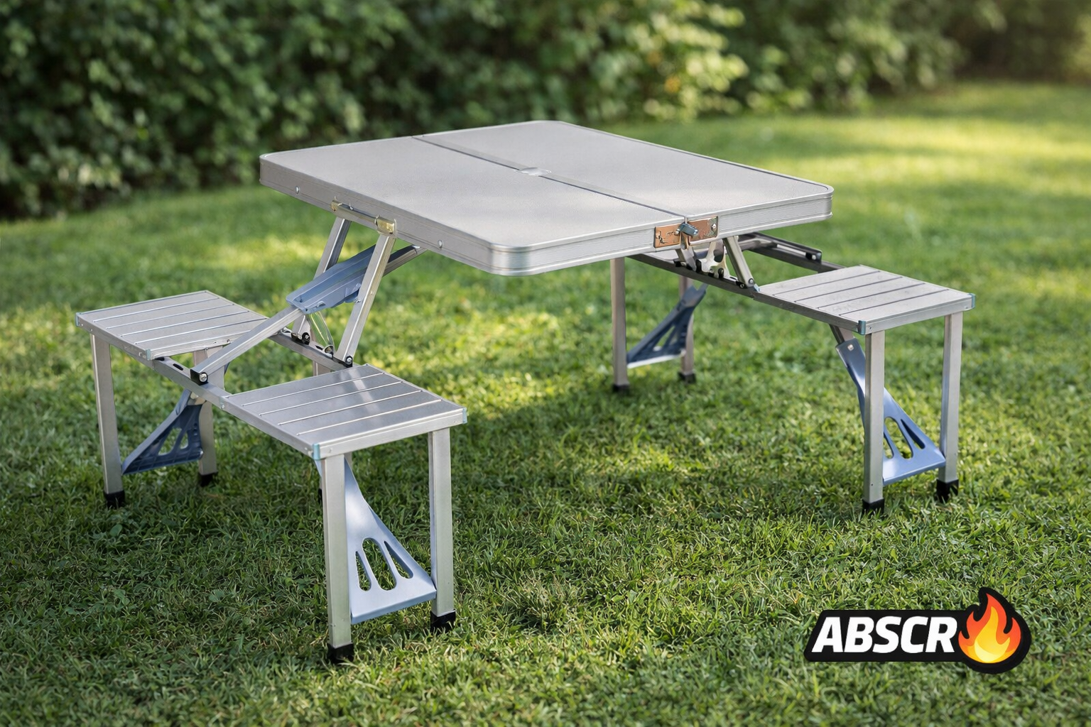 Masa pliabila aluminiu tip geamantan cu 4 scaune si suport umbrela – ideala pentru picnic, camping si gradina