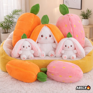 Set 2x Iepuraș de pluș transformabil 2 în 1 (morcov/căpșună) 30 cm – jucărie moale fleece & bumbac copii PromotiiZilnice