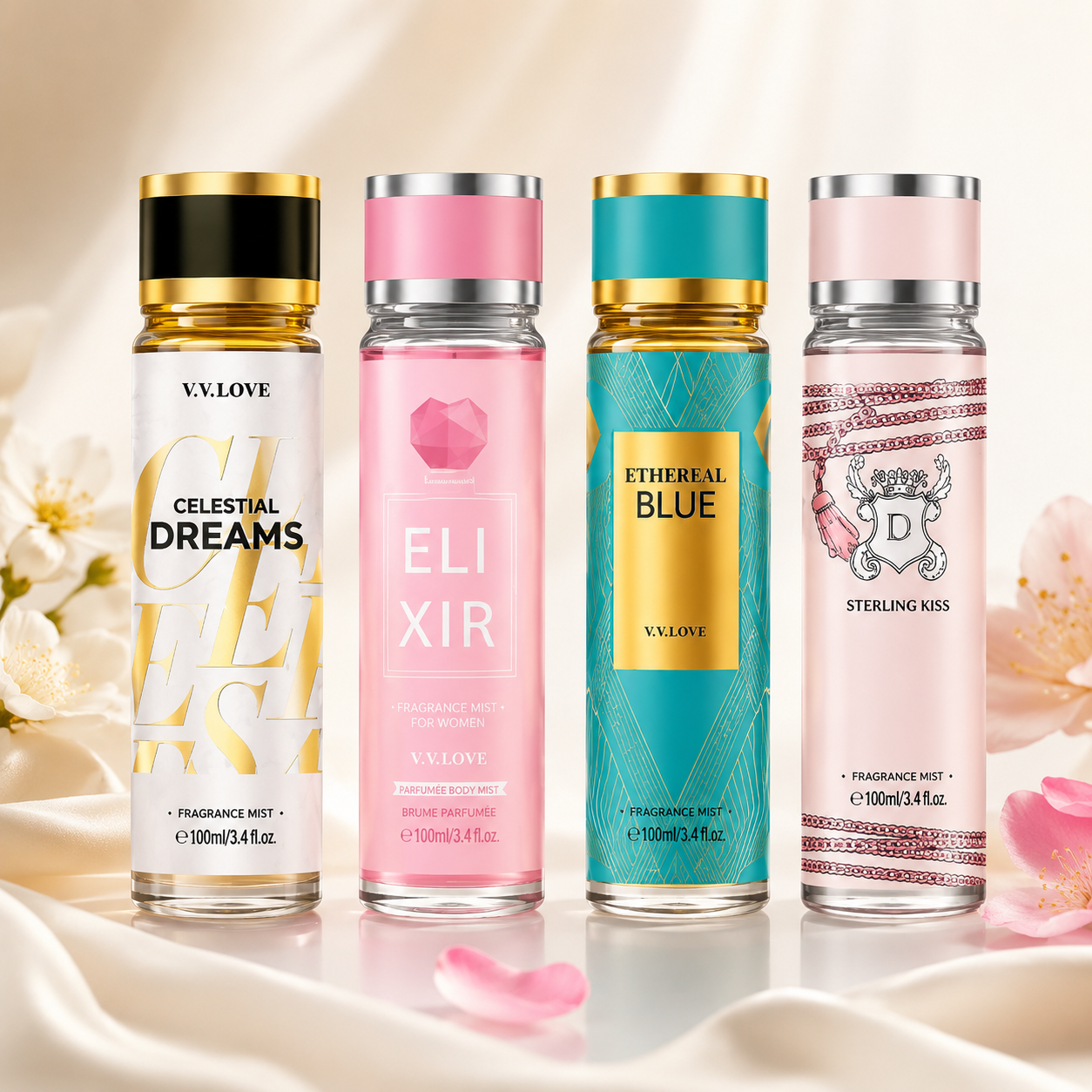 Set 4 Sprayuri de Corp Parfumate V.V. LOVE pentru Femei – 100 ml fiecare | Arome Feminine și Persistente
