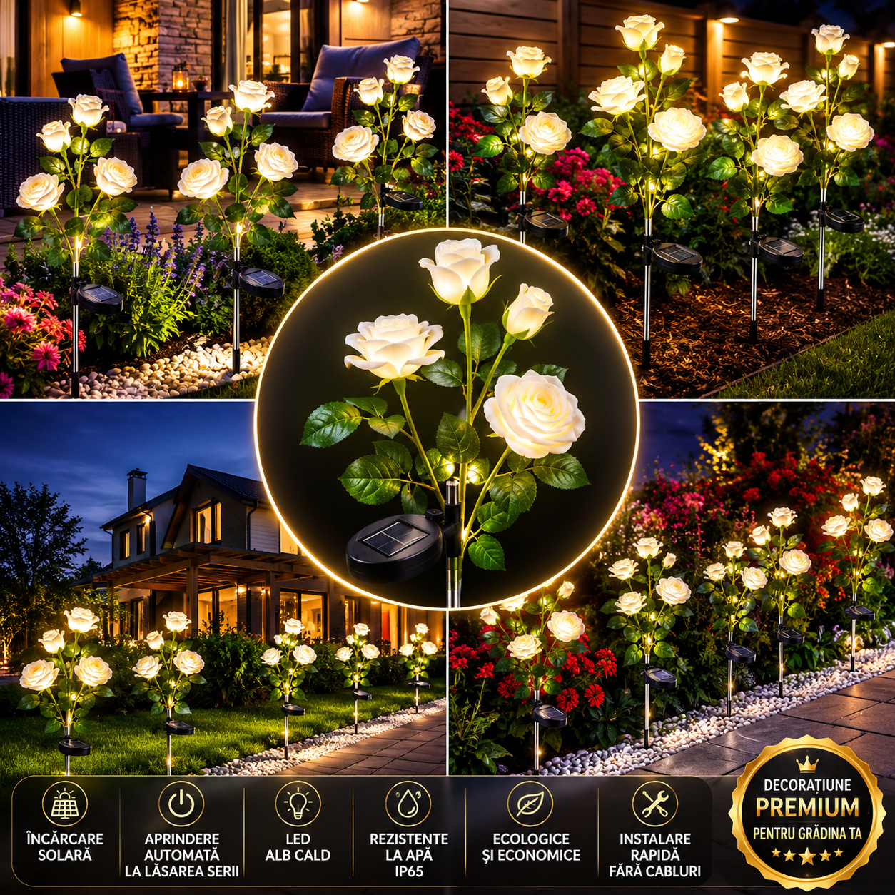 Set 2 Lămpi Solare Decorative cu Trandafir Alb LED, Alb Cald, Încărcare Solară, Aprindere Automată, IP65, pentru Grădină, Curte și Terasă