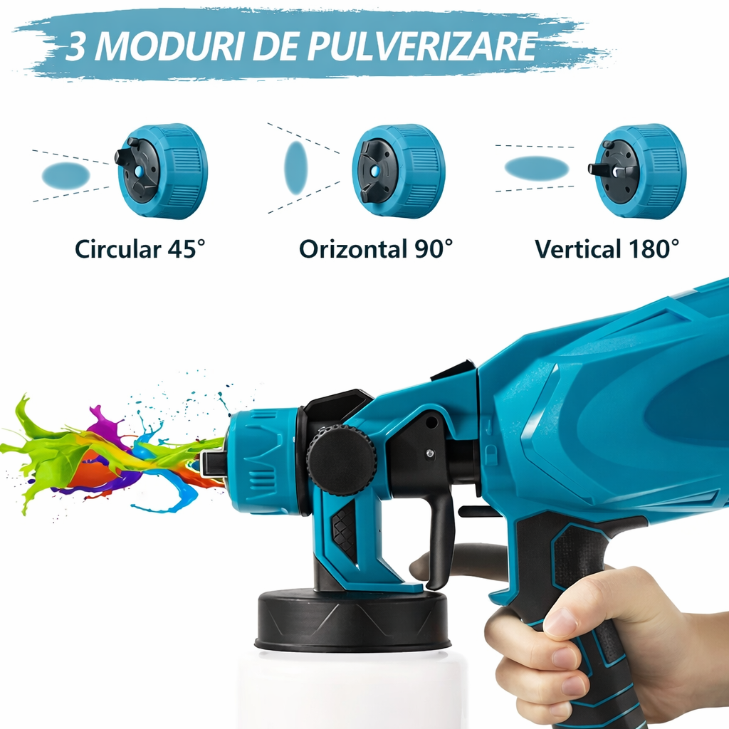Pistol de vopsit electric fără fir 210W, 2 acumulatori Li-Ion 48V, , rezervor 800 ml, pulverizare reglabilă