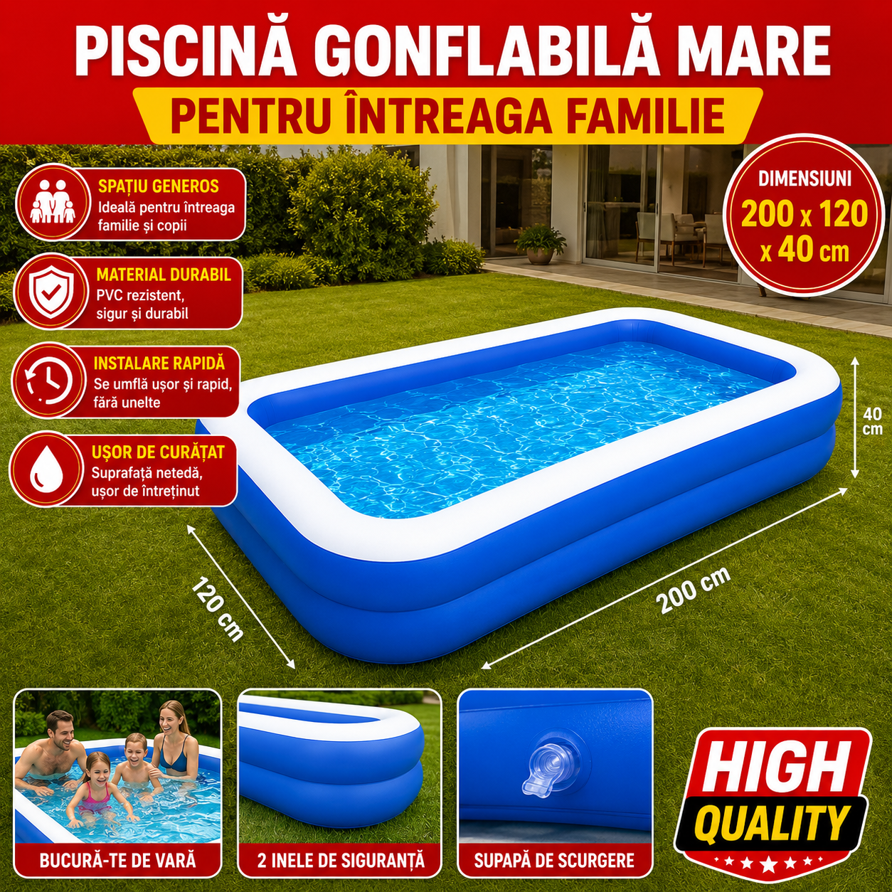 Piscina Gonflabila Mare pentru Familie 200 x 120 x 40 cm, 2 Inele de Siguranta, PVC Rezistent, Albastru