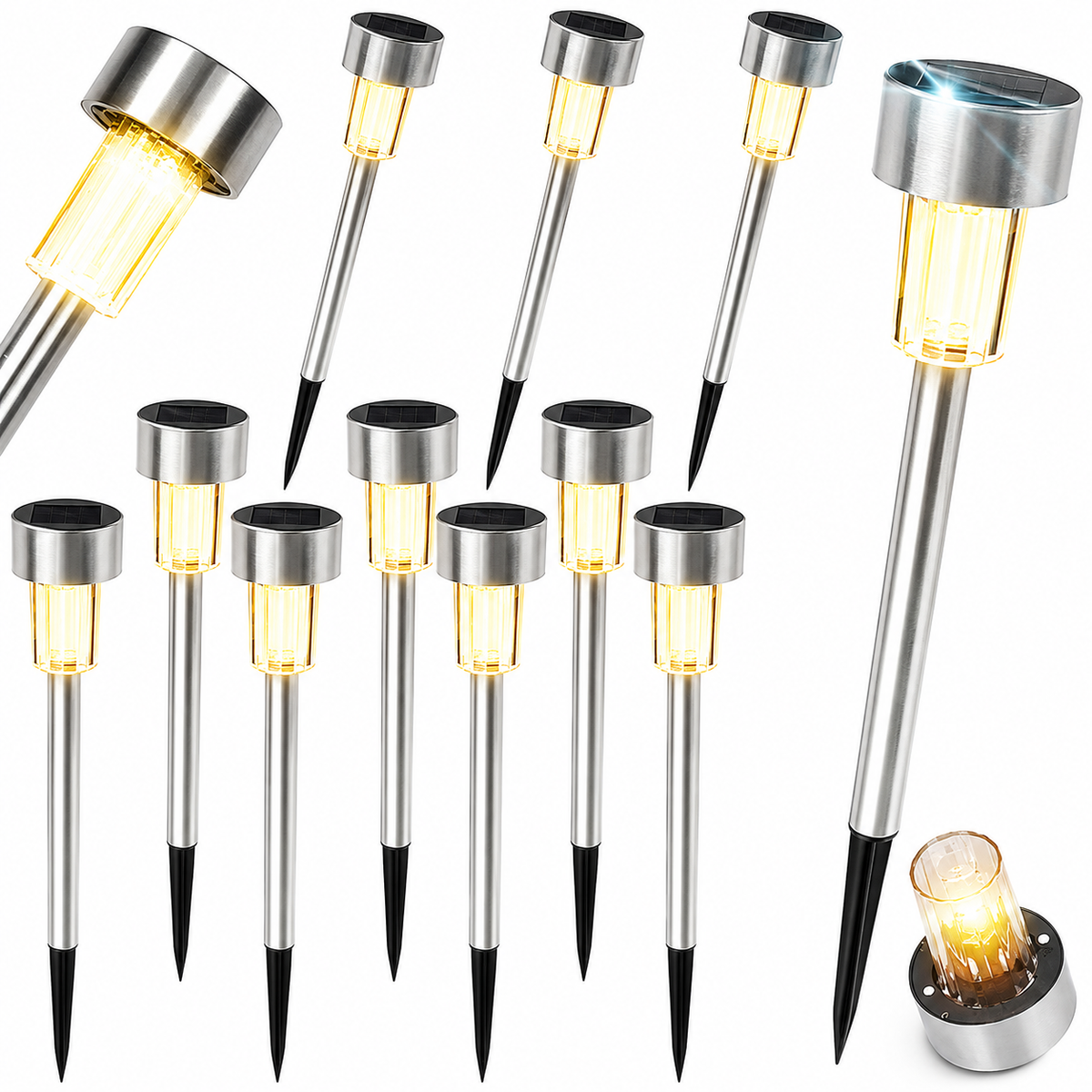 Set 12 Lămpi Solare LED pentru Grădină – Inox, Senzor de Lumină, IP44, 6500K
