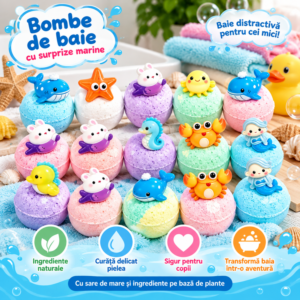Set 12 Bombe de Baie Efervescente cu Surprize Marine – Colorate și Parfumate
