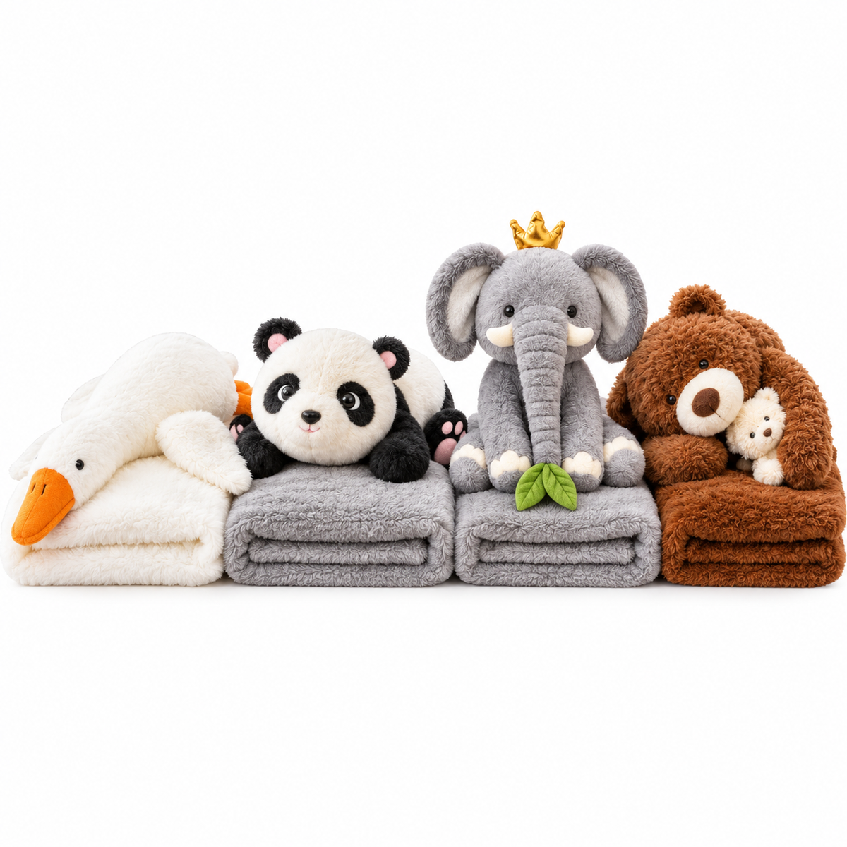 Jucărie de Pluș 2 în 1 cu Păturică Pufoasă 200 × 100 cm, Fermoar Ascuns, Panda, Gâscă, Ursuleț sau Elefant, Model la Alegere