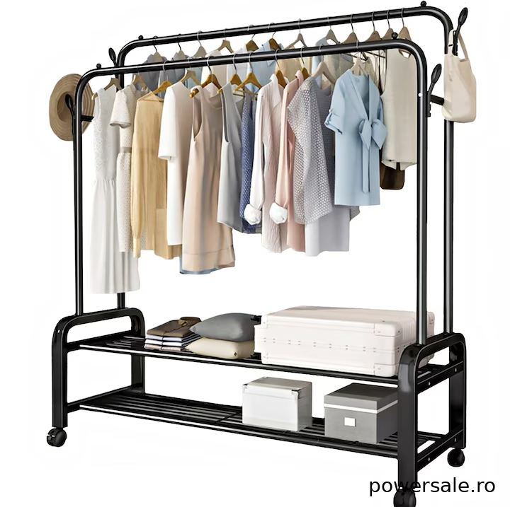 Suport haine metalic cu roți și rafturi 143x96x42 cm – organizator garderobă multifuncțional, suport umerașe haine negru