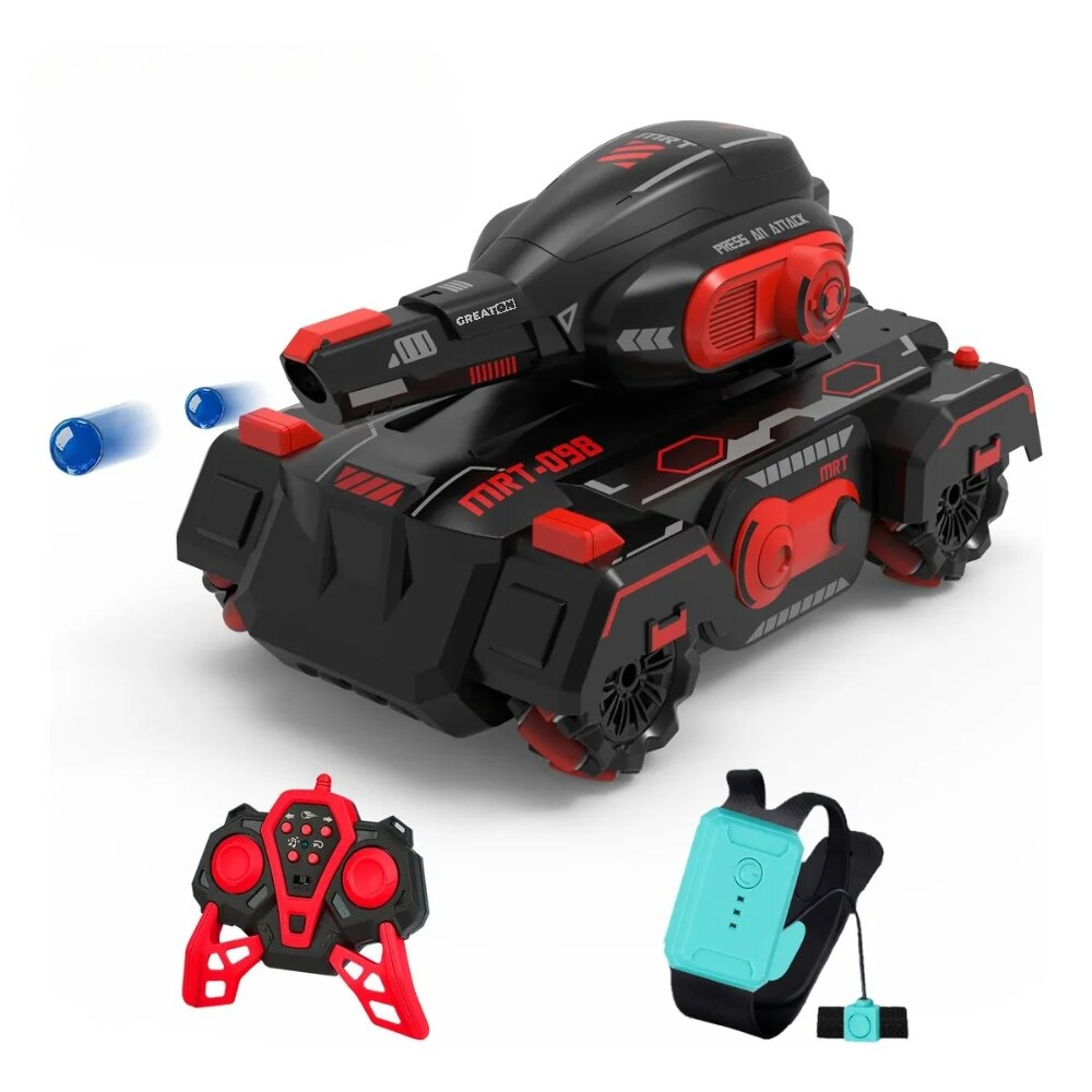 Tanc de Jucarie cu Telecomanda, Control pe Bratara, Bile Hidrogel, Proiectie cu Apa, Rotire 360, Off-road, Lumini si Sunete Interactive – Negru Rosu