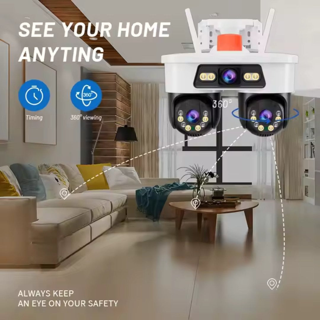 Set 2 Camere WiFi Exterior 9MP 6K cu 3 Lentile si Cap PTZ 355°, Viziune Nocturna Color si Audio Bidirectional, IP66 + 2 x Card 32GB