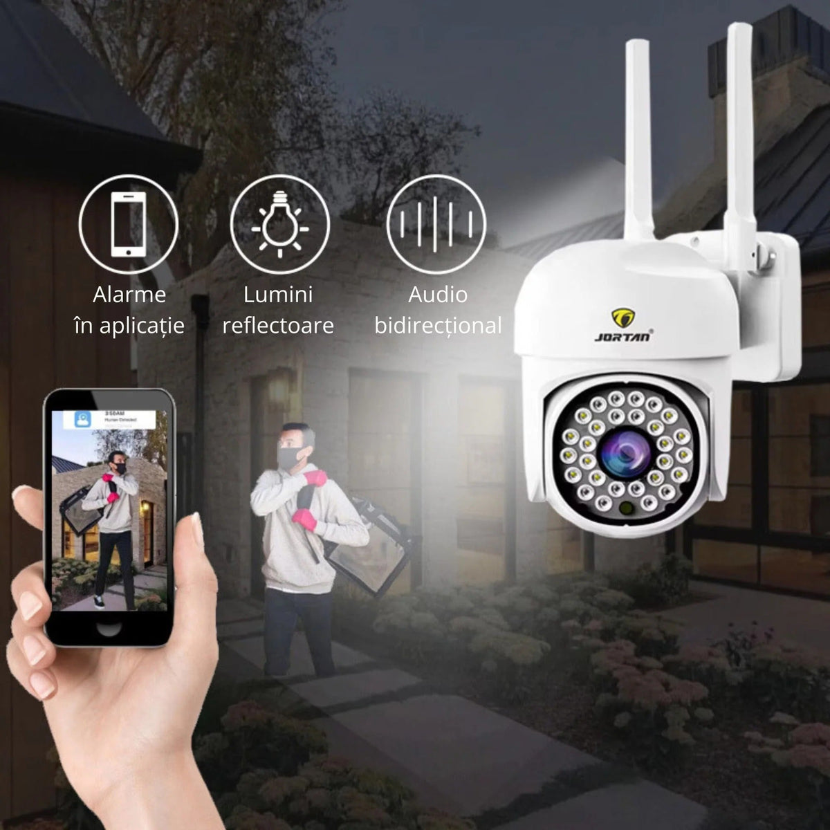 Set 4 Camere Supraveghere WIFI Jortan + 4 Carduri 32GB, 360° Rotire, Detectie Umana, Vedere Noapte Color, Sirena, IP66 - PromotiiZilnice