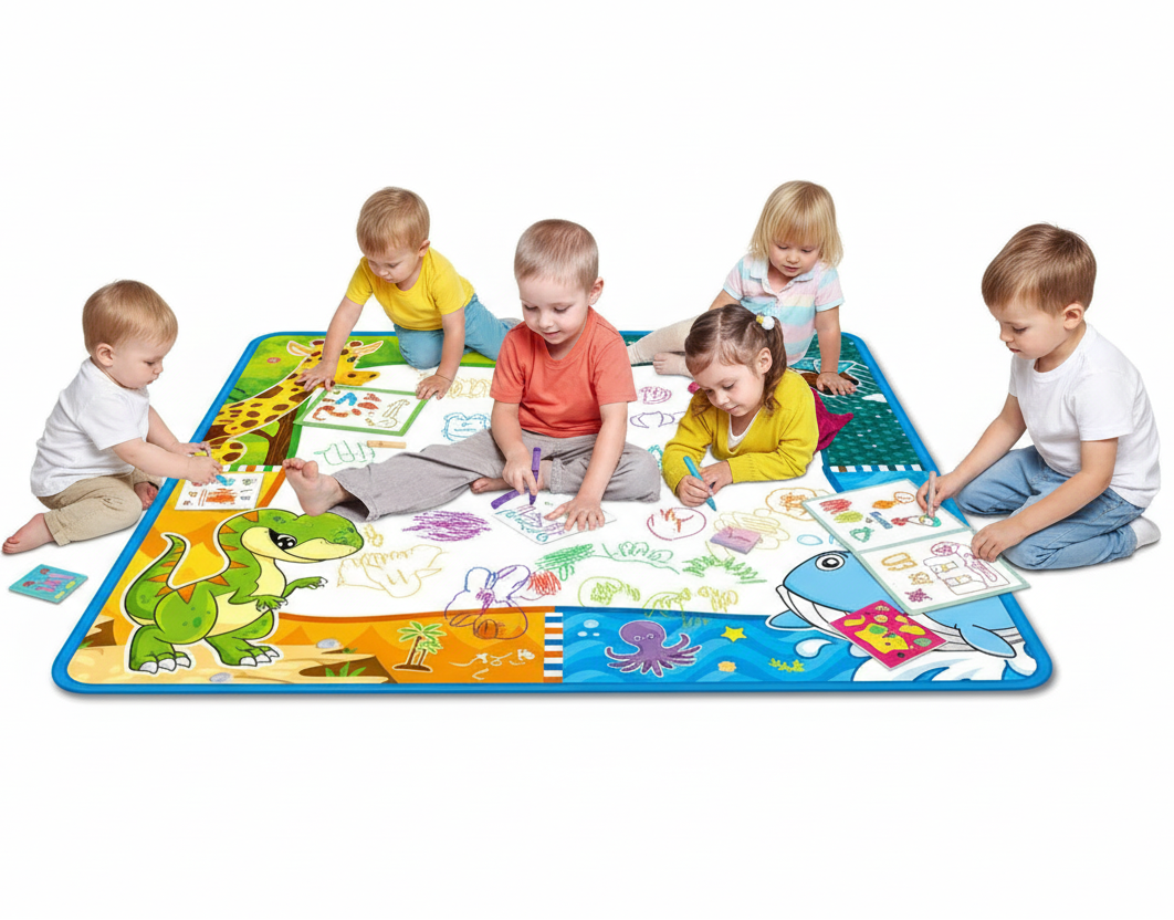 Covoras creativ pentru copii – desen cu apa, inclus carioci si spray, 80x80 cm
