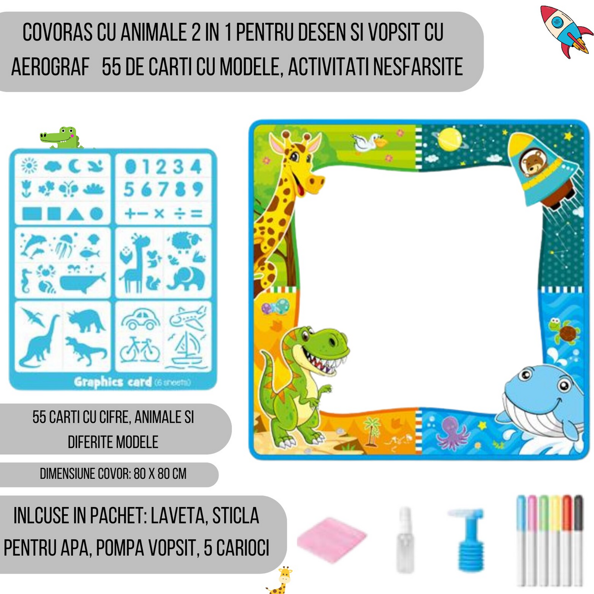 Covoras creativ pentru copii – desen cu apa, inclus carioci si spray, 80x80 cm