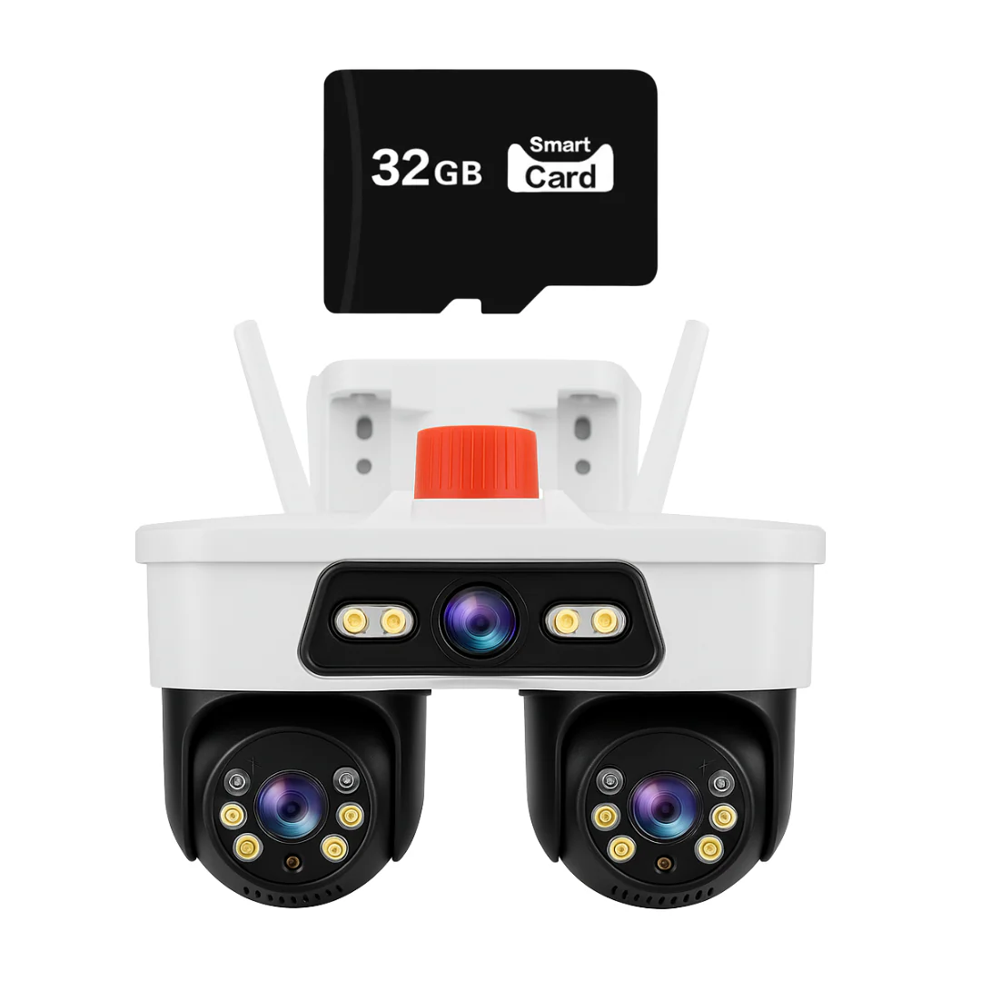 Camera WiFi Exterior 9MP 6K cu 3 Lentile si Cap PTZ 355°, Viziune Nocturna Color si Audio Bidirectional, IP66 + Card 32GB