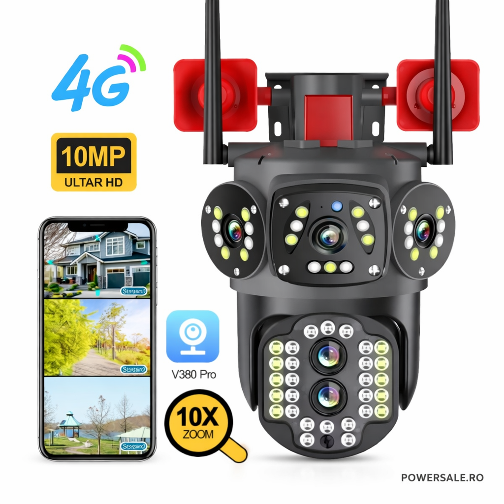 Set 2 Camere Supraveghere 4G Exterior 4K, Zoom 10X, Detectare Persoane, Rotire 360°, IP66