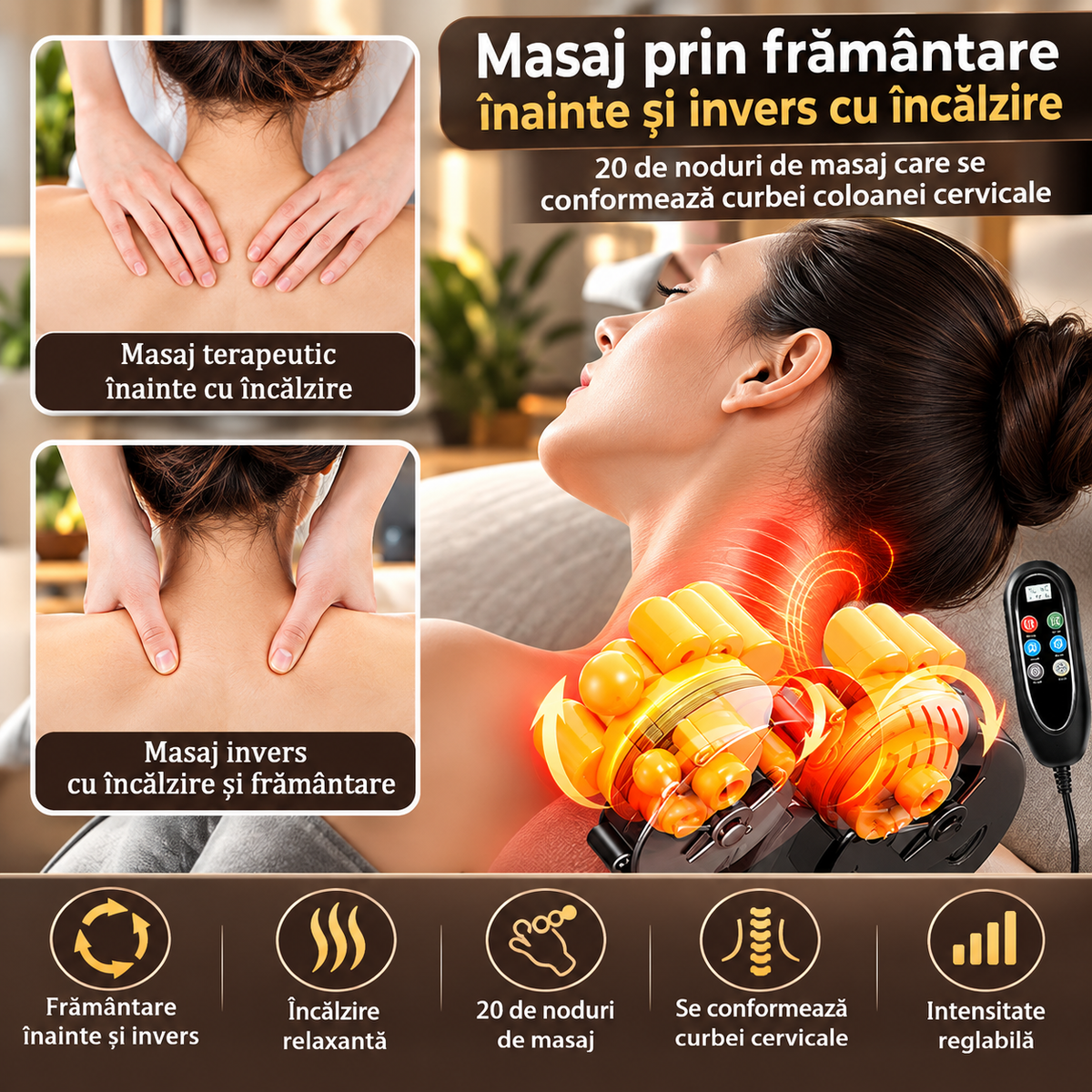 Saltea de Masaj Corporal 5 în 1, cu Încălzire, Shiatsu, Vibrații, Tracțiune cu Aer, 20 Noduri Cervicale, 24 Noduri pentru Picioare, Pliabilă