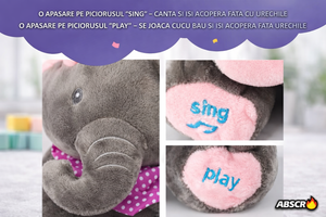 Jucarie de plus interactiva ABSCR Elefant Peek-a-Boo, canta si se joaca Cucu Bau, misca urechile, 2 moduri de joc, 33 x 16 cm, material moale, pentru copii PromotiiZilnice