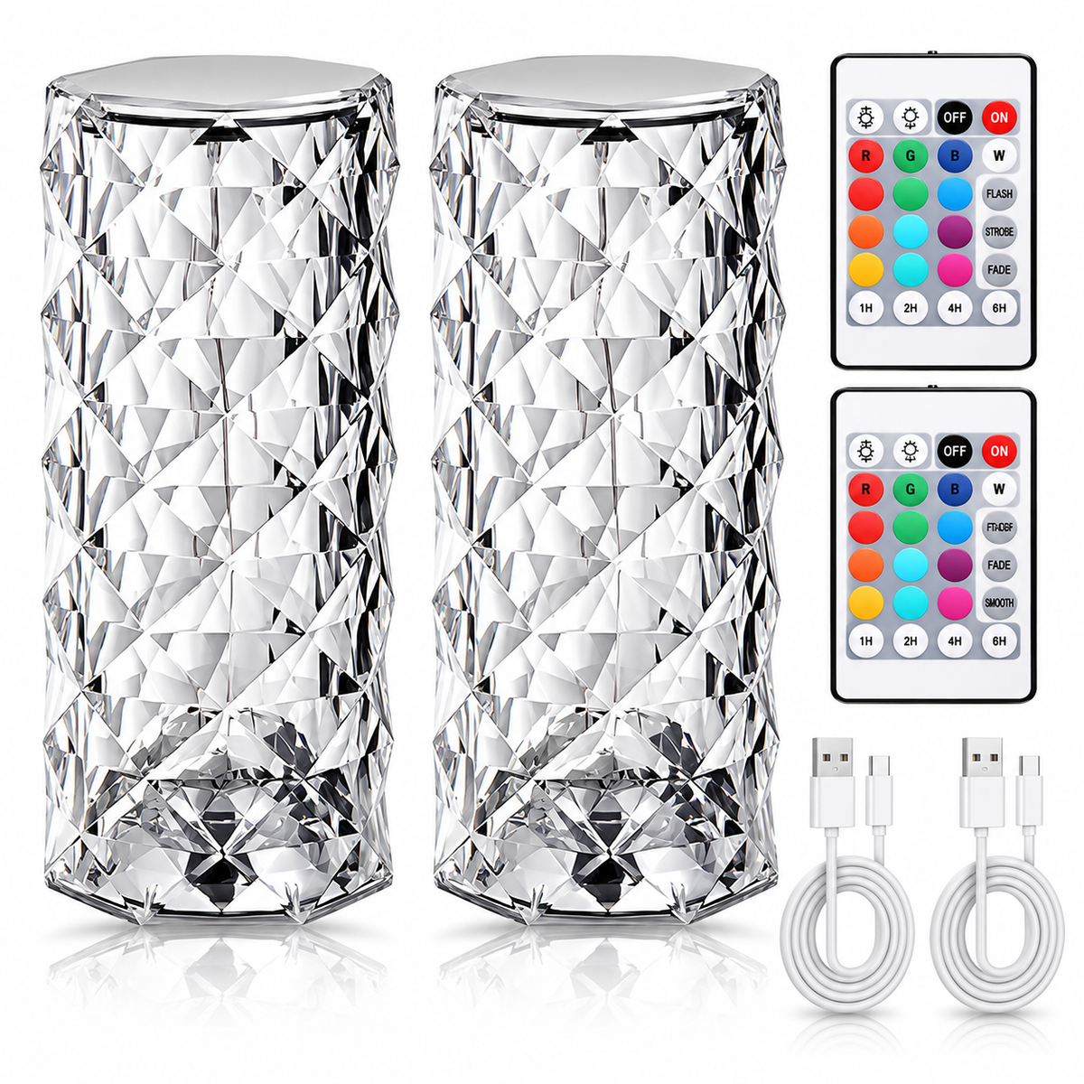 Set 2 Lămpi LED Ambientale RGB, Tip Cristal, cu Telecomandă, Control Tactil, Reîncărcabile USB, Efecte Luminoase Multicolore