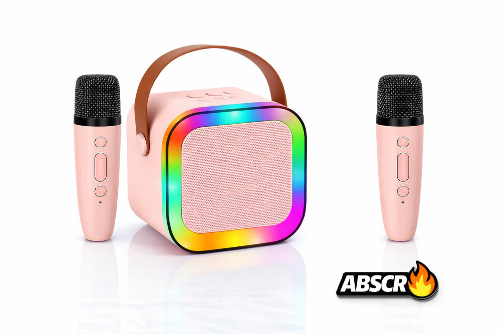 Boxa Portabila Karaoke cu 2 Microfoane Wireless, Bluetooth, LED RGB, Radio FM – Set Karaoke Copii & Familie, Roz