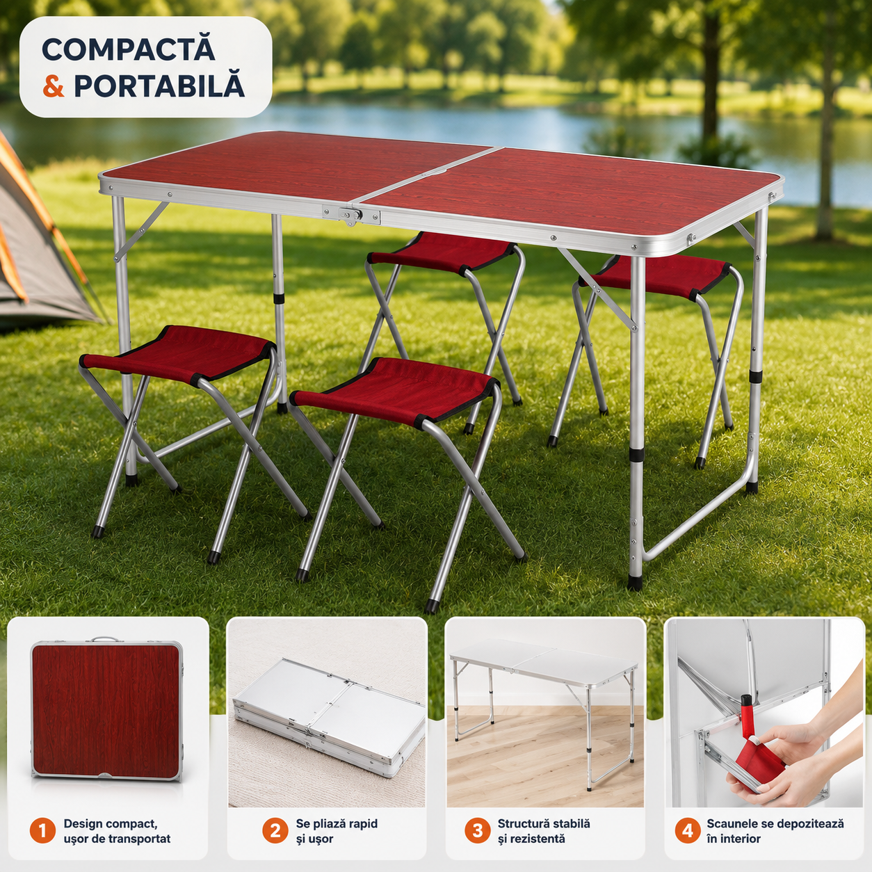 Set Masă Pliabilă pentru Camping cu 4 Scaune, Cadru Aluminiu, Tip Geamantan, Portabilă