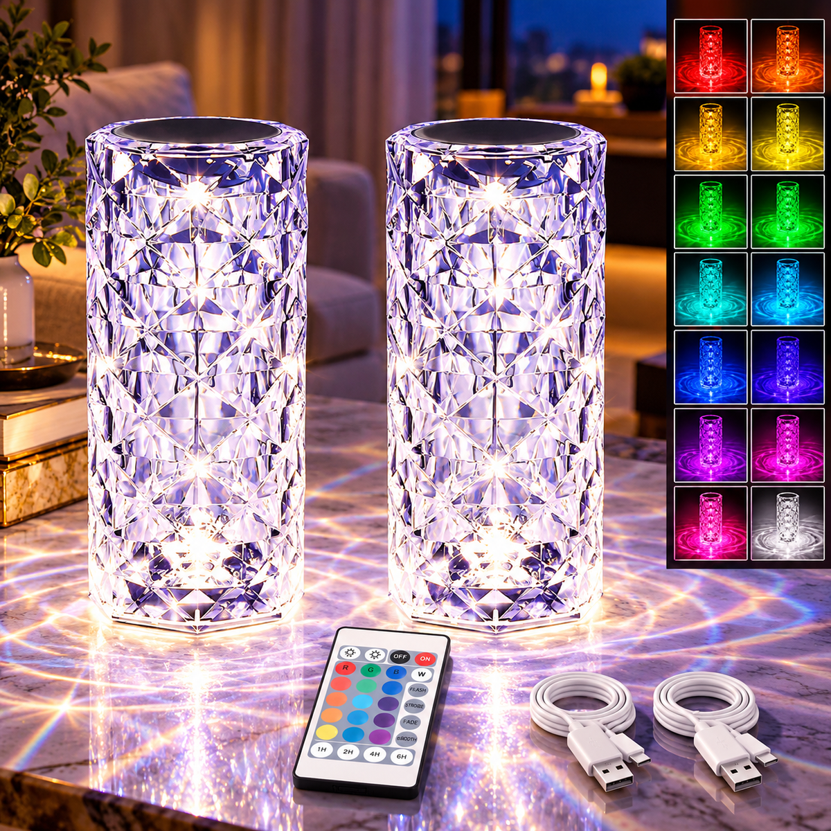 Set 2 Lămpi LED Ambientale RGB, Tip Cristal, cu Telecomandă, Control Tactil, Reîncărcabile USB, Efecte Luminoase Multicolore
