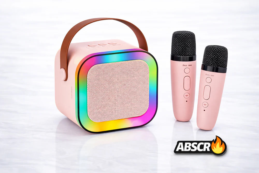 Boxa Portabila Karaoke cu 2 Microfoane Wireless, Bluetooth, LED RGB, Radio FM – Set Karaoke Copii & Familie, Roz