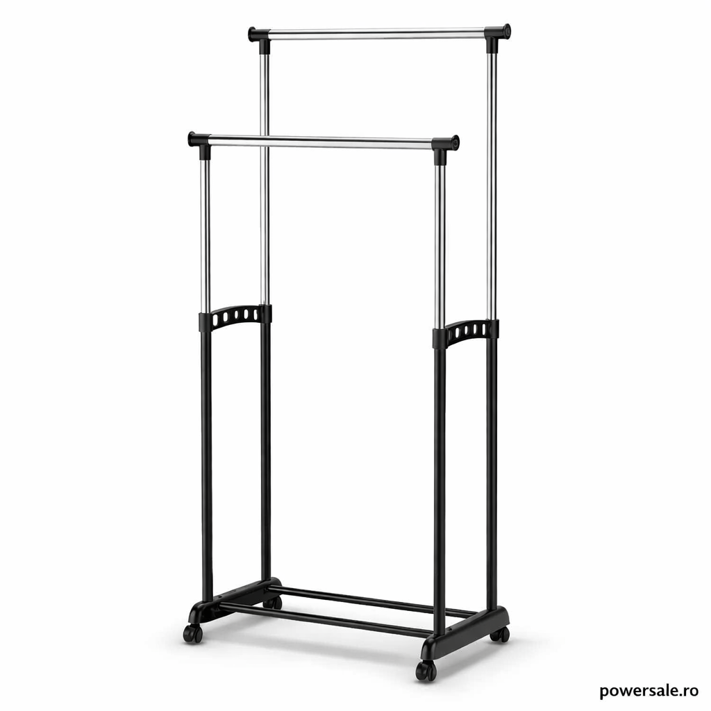 Stender Haine Metalic Dublu cu Înălțime Reglabilă 100-170 cm, cu Roți – Suport pentru Umerașe, Organizator Haine pentru Dormitor sau Dressing