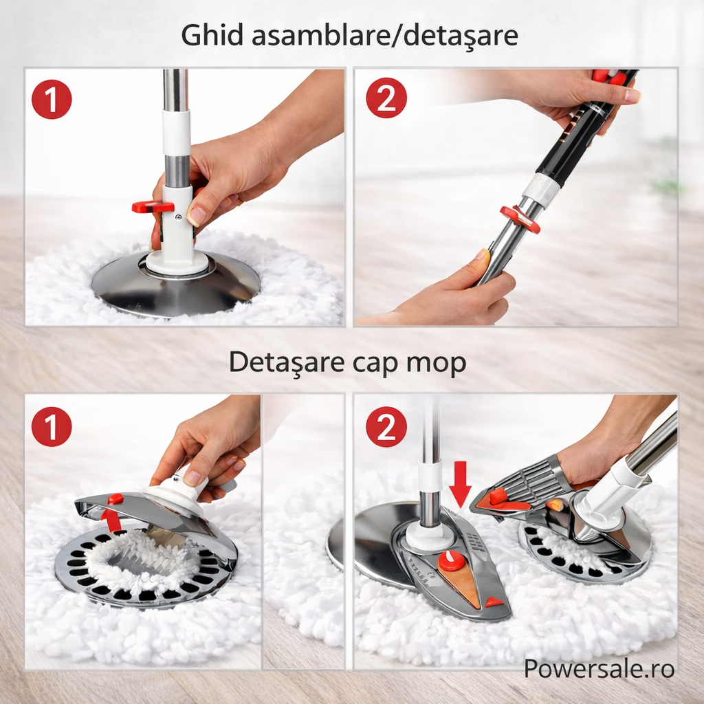 Set Mop Rotativ 360° cu Galeata Dubla, Maner Inox si 5 Rezerve Microfibra