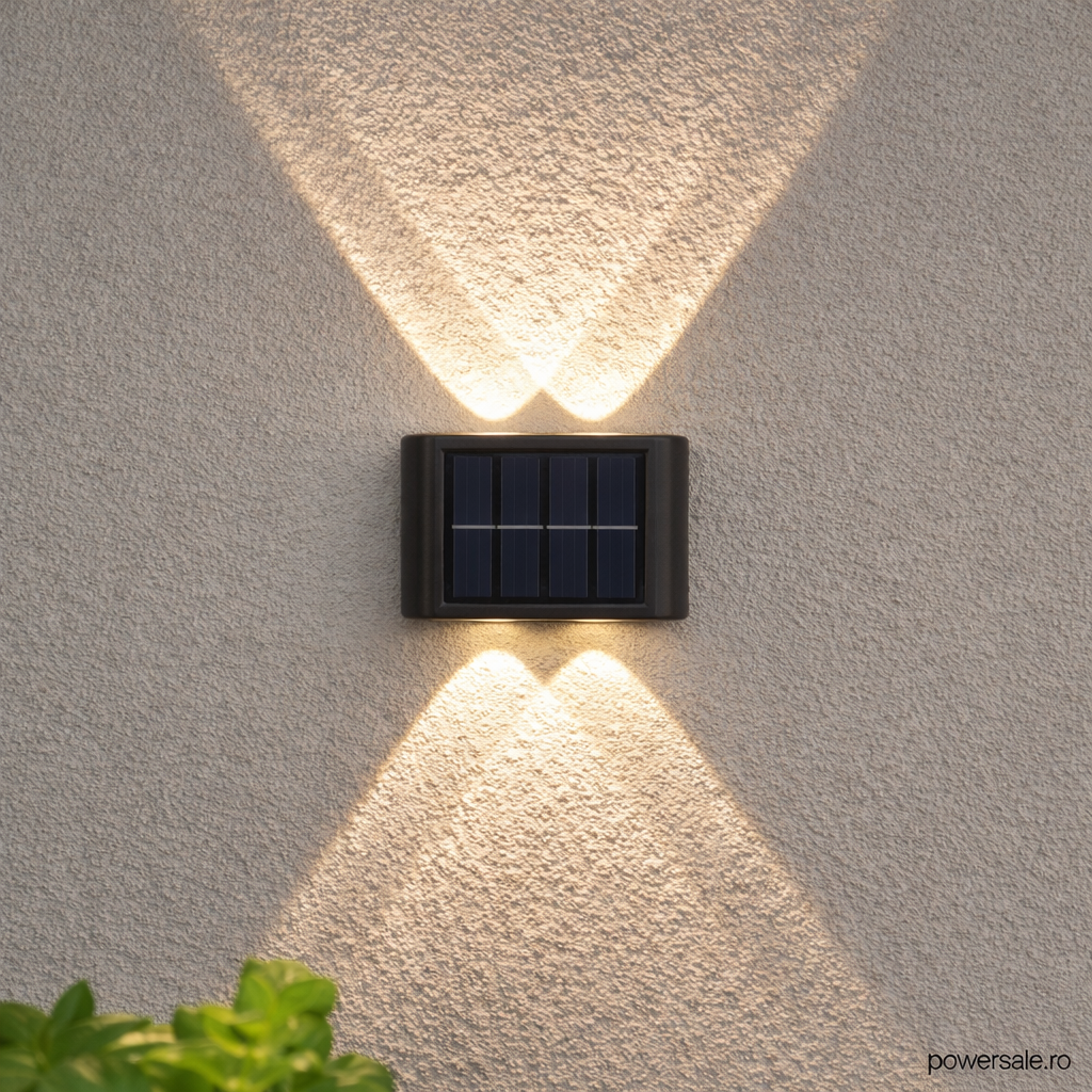 Set 6 x Lampă Solară de Perete Exterior cu 4 LED-uri, Senzor de Mișcare, Rezistentă la Apă IP65, Montaj pe Perete, Culoare Negru