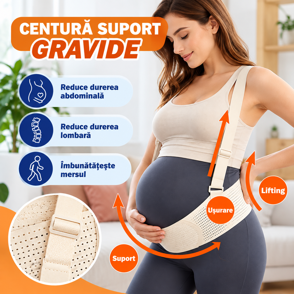 Centură de Susținere pentru Gravide, Suport Abdominal și Lombar, Bretele Reglabile, Material Respirabil