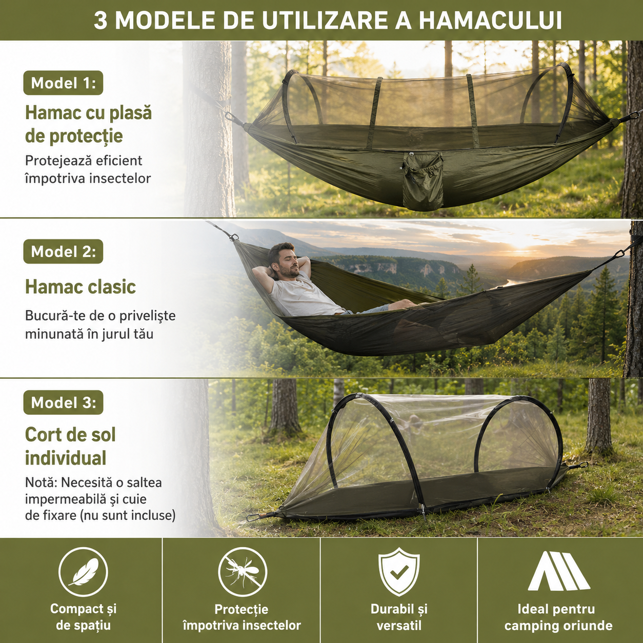 Hamac Camping cu Plasă Anti-Insecte 260x140 cm, Verde Kaki, Ultra Ușor, Portabil, cu Husă și Accesorii de Prindere