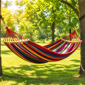 Set 2 Hamace Multicolore 200x100 cm, Bumbac + Poliester, Pentru Gradina, Camping si Relaxare, Rezistente si Confortabile PromotiiZilnice