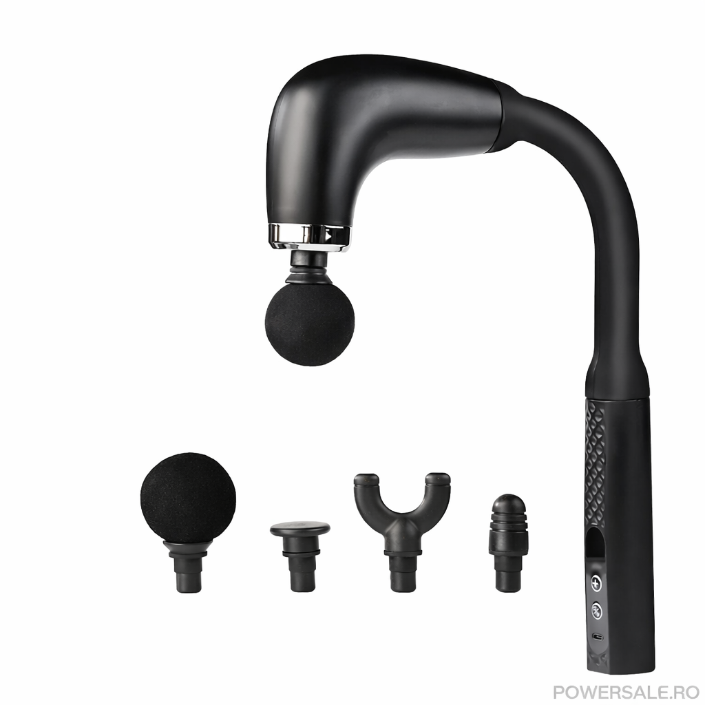 Aparat de Masaj Profesional Flexibil Forma L – 5 Viteze, 4 Capete Interchangeabile, USB-C, 10W – Masaj Muscular & Relaxare