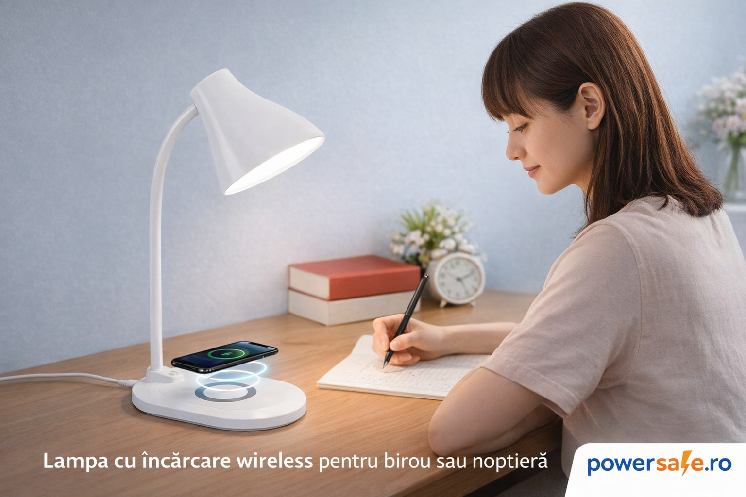 Lampă de birou LED cu încărcare wireless albă – iluminare practică pentru birou și noptieră