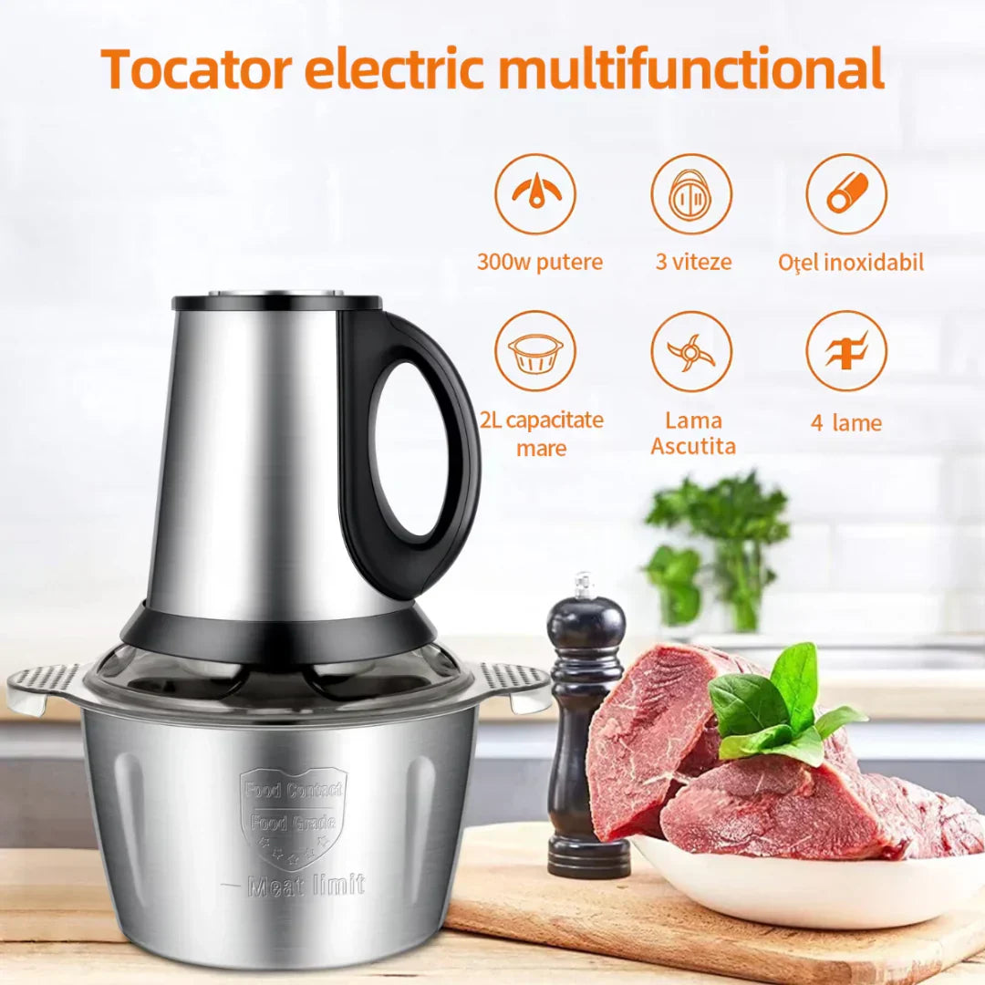 Tocator electric carne si legume, 4 lame inox, 2 viteze, capacitate mare, bol inox - PromotiiZilnice
