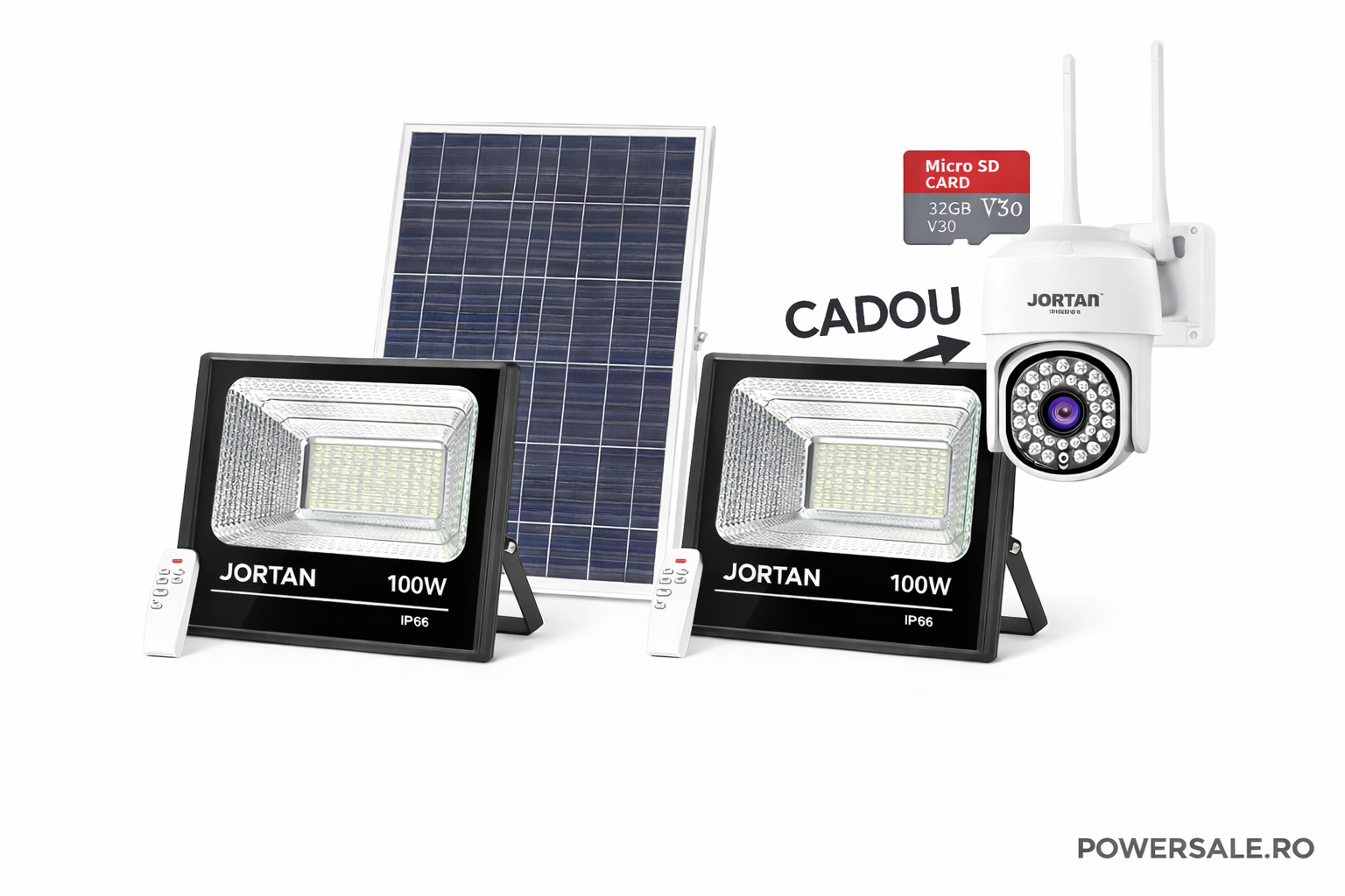 Set 2 Proiectoare Solare JORTAN 100W IP66 + CADOU Cameră Supraveghere Jortan 1080P WiFi cu Card 32GB Inclus