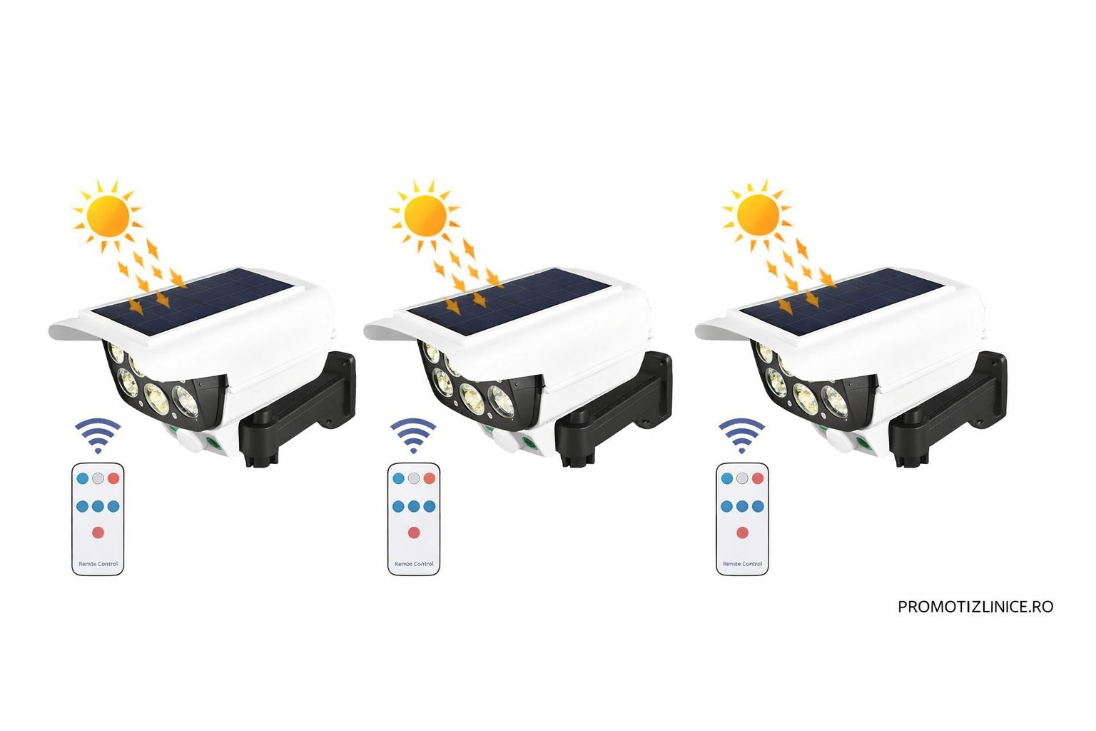 Set 3x Cameră falsă solară cu panou solar + 77 LED + senzor de mișcare – design realist, ideal exterior