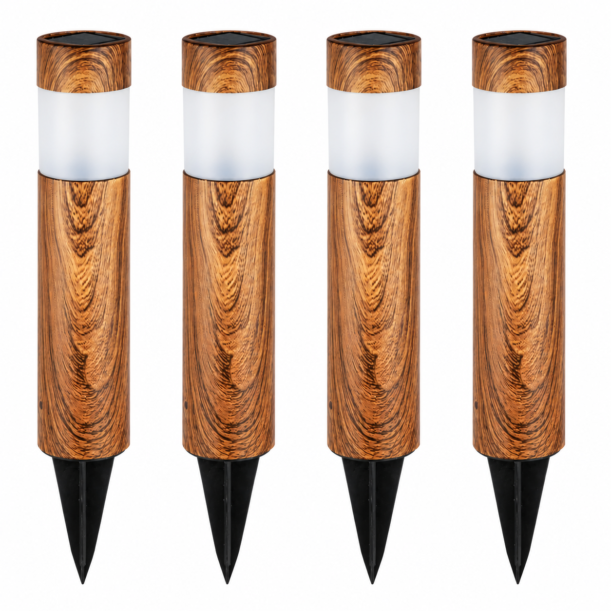 Set 4 Lampi Solare LED pentru Gradina si Alei, Aspect Lemn Natural, Aprindere Automata, Rezistente la Intemperii, Lumina Alba Calda