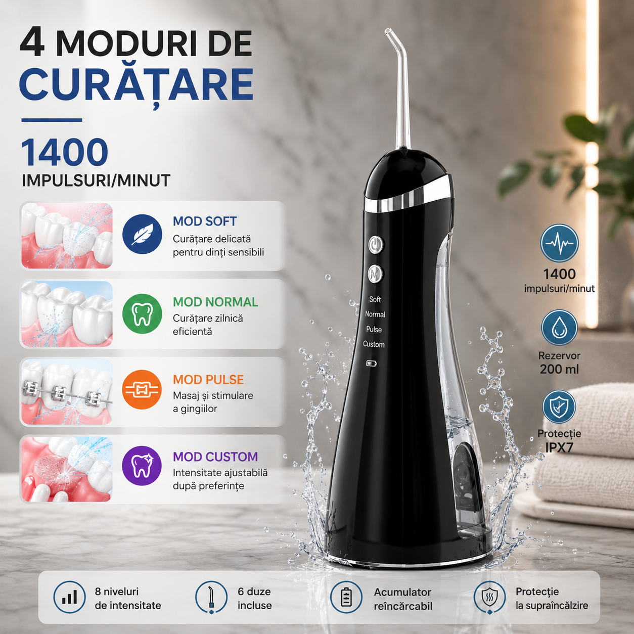 Irigator Bucal Portabil Reîncărcabil, 1400 Impulsuri/Minut, 4 Moduri, 8 Viteze, Rezervor 200 ml, 6 Duze, Protecție IPX7, Negru