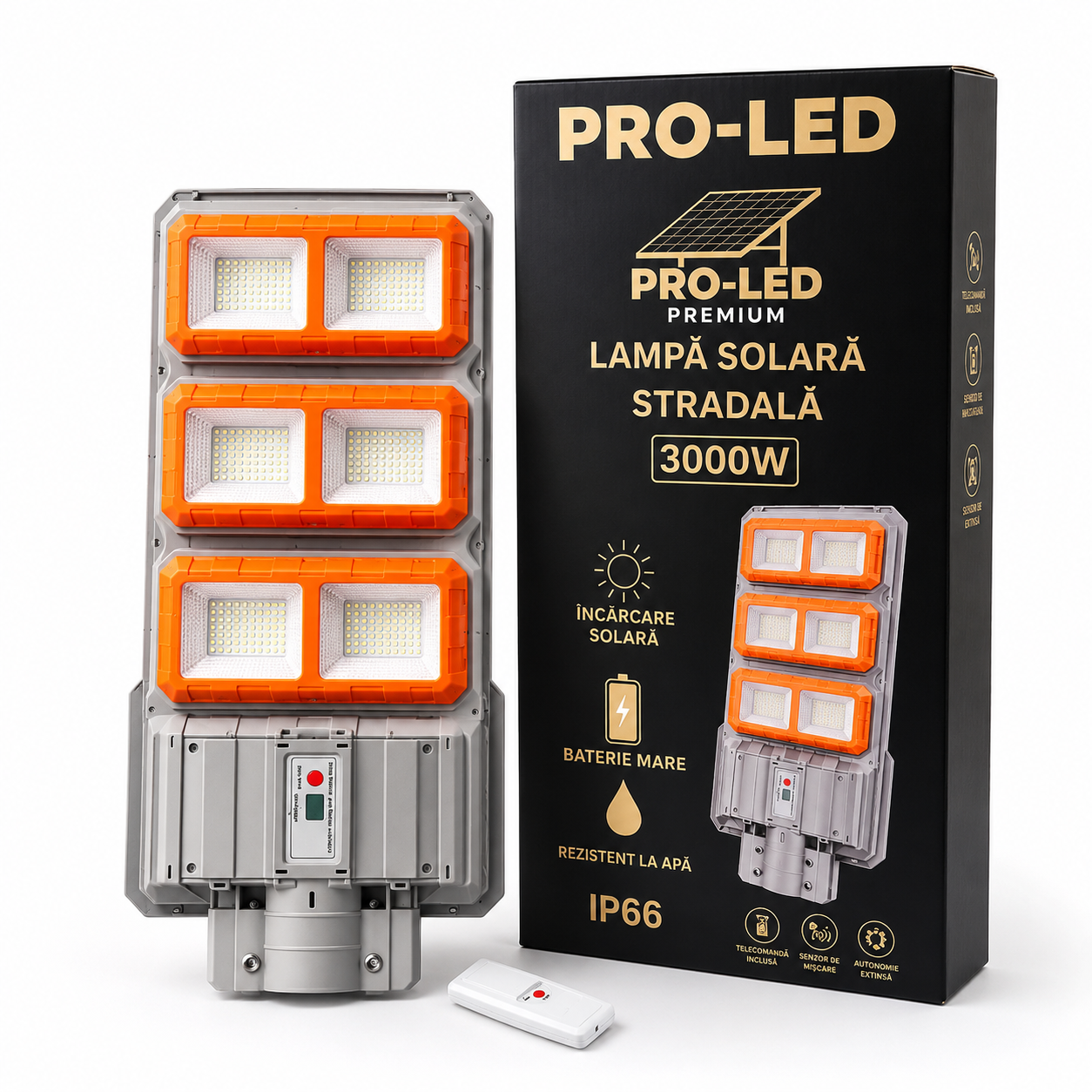 Pachet 2 Lampi Solare Stradale Premium LED 3000W IP66, Super Puternice, cu Telecomanda si Senzor de Miscare