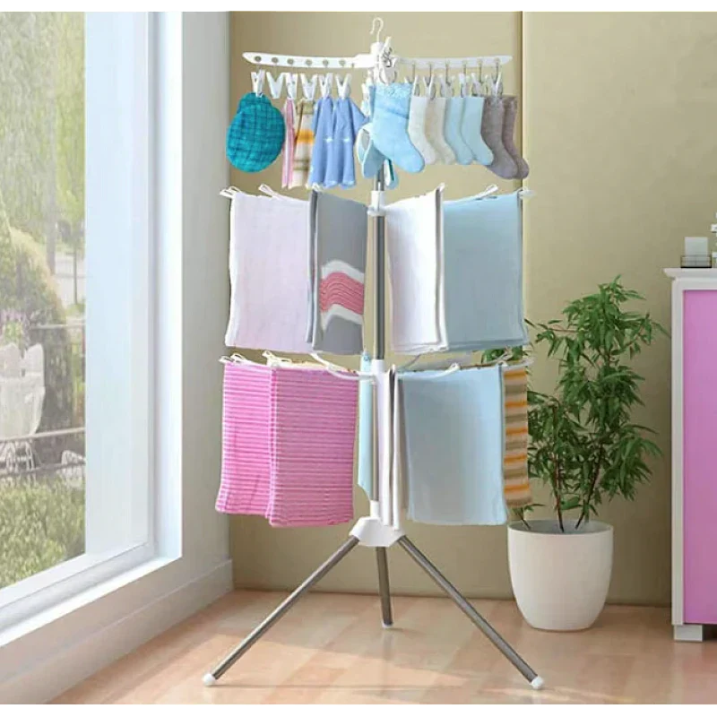 Uscator de rufe vertical, cu 3 niveluri rotative, 1 nivel cu clesti, pliabil, uscor de depozitat, din metal si plastic, alb/argintiu PromotiiZilnice