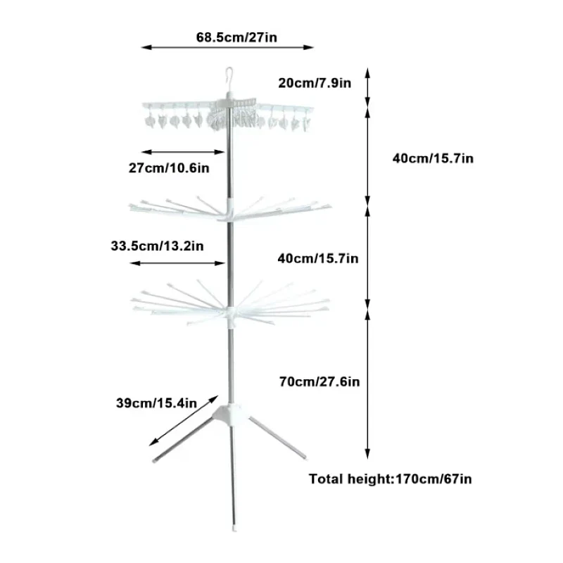 Uscator de rufe vertical, cu 3 niveluri rotative, 1 nivel cu clesti, pliabil, uscor de depozitat, din metal si plastic, alb/argintiu PromotiiZilnice