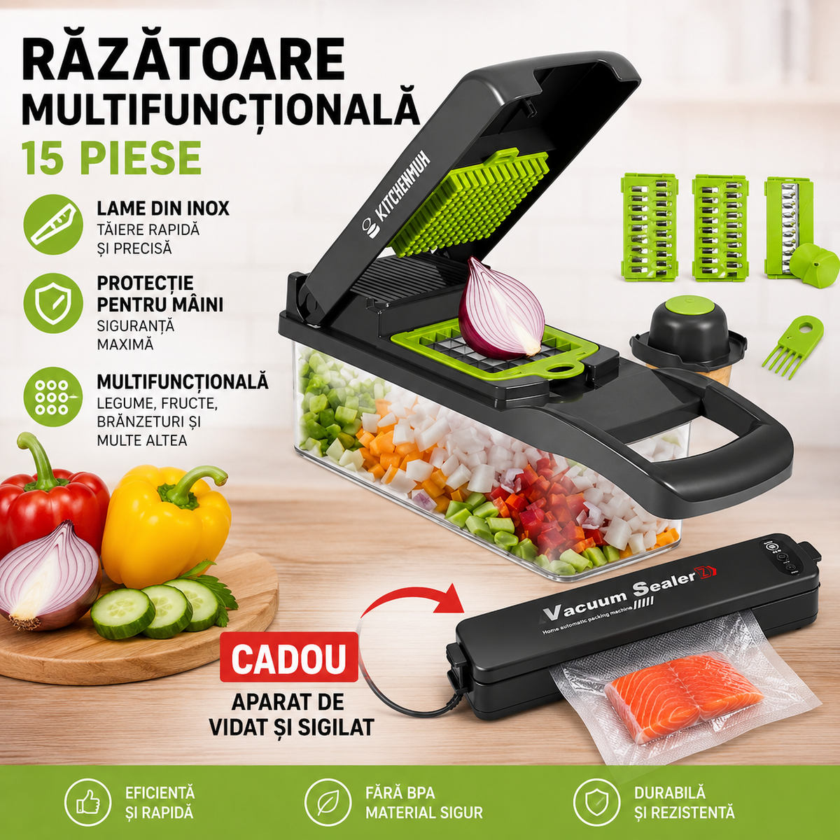 Razatoare Multifunctionala 15 Piese cu Lame Inox + Aparat de Vidat si Sigilat 90W