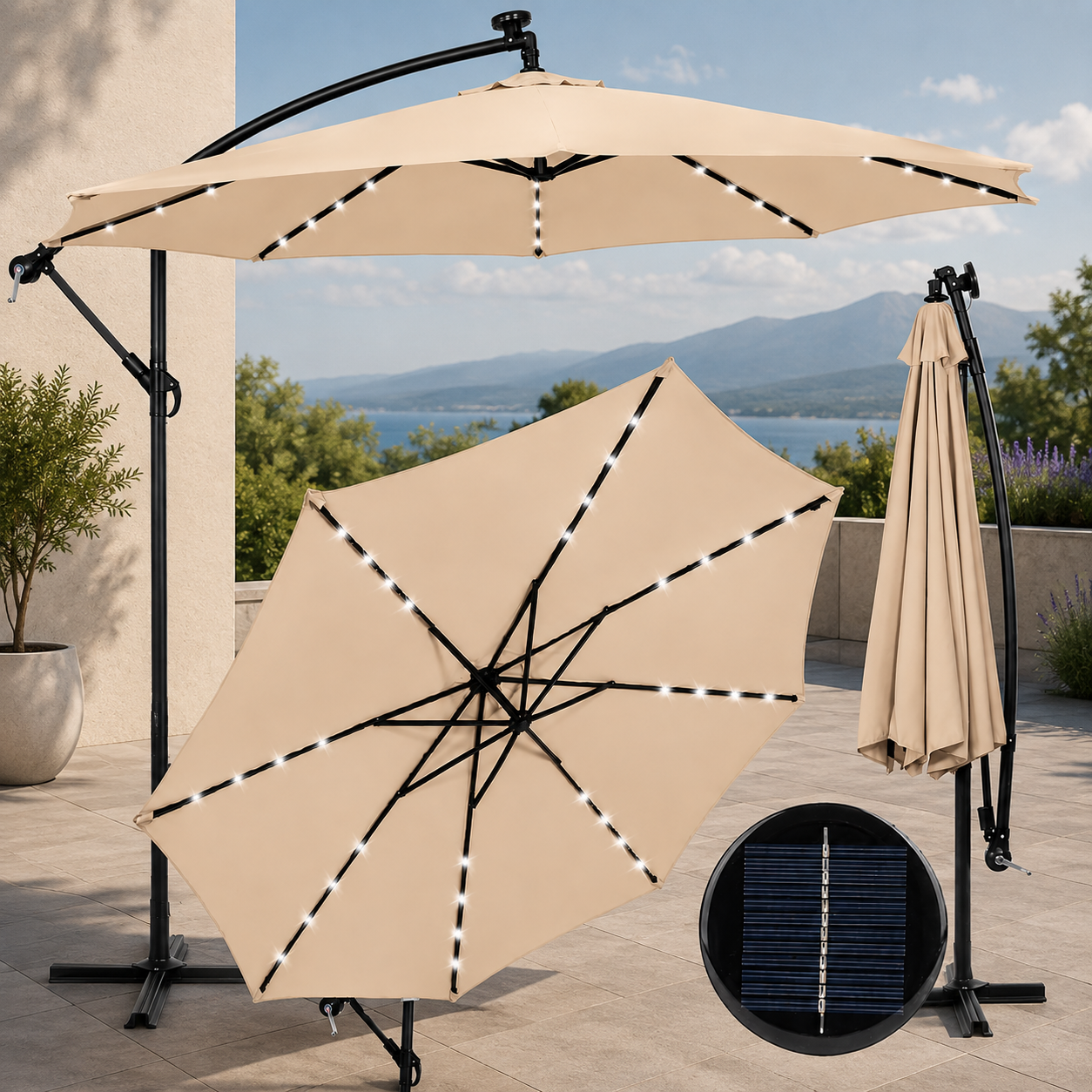 Umbrela Solara de Gradina 305 cm cu 24 LED, Inclinare Reglabila, Impermeabila, Bej