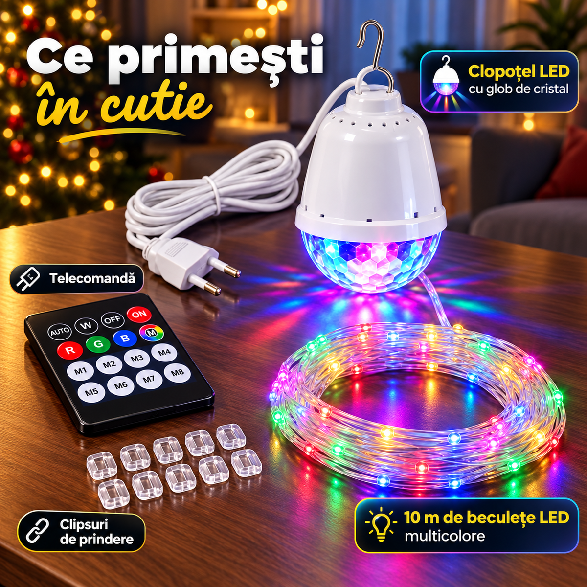 Instalație LED de Crăciun cu Clopoțel Luminos pentru Vârful Bradului, 10 m, Glob de Cristal, Telecomandă, 8 Moduri de Iluminare, Multicolor
