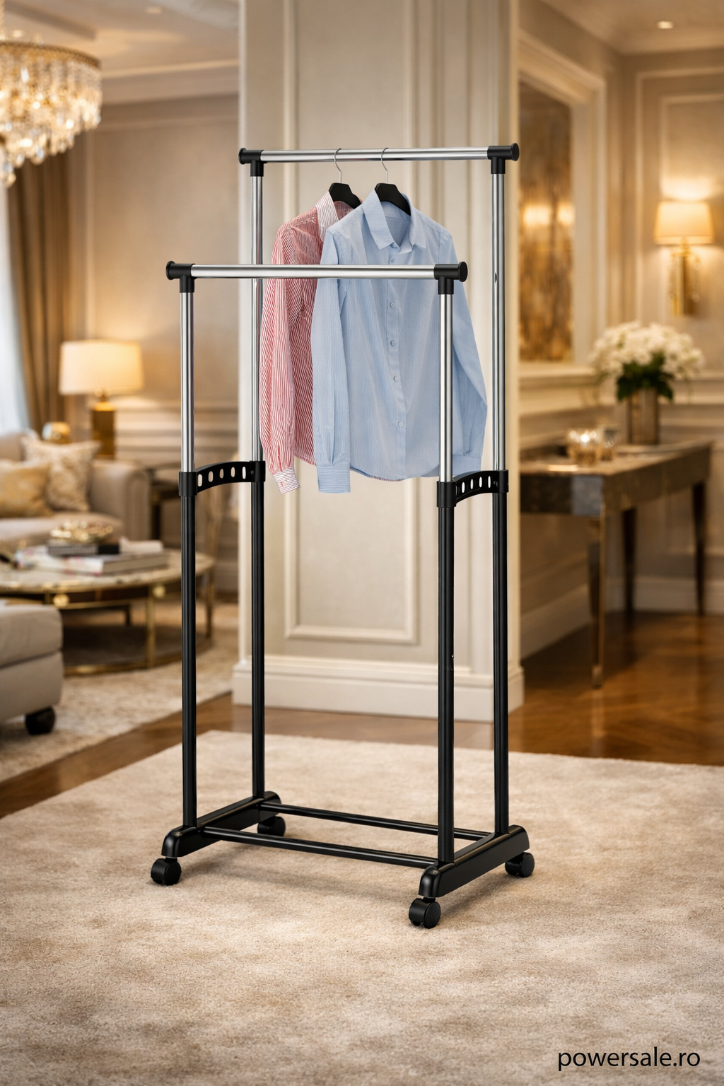Stender Haine Metalic Dublu cu Înălțime Reglabilă 100-170 cm, cu Roți – Suport pentru Umerașe, Organizator Haine pentru Dormitor sau Dressing