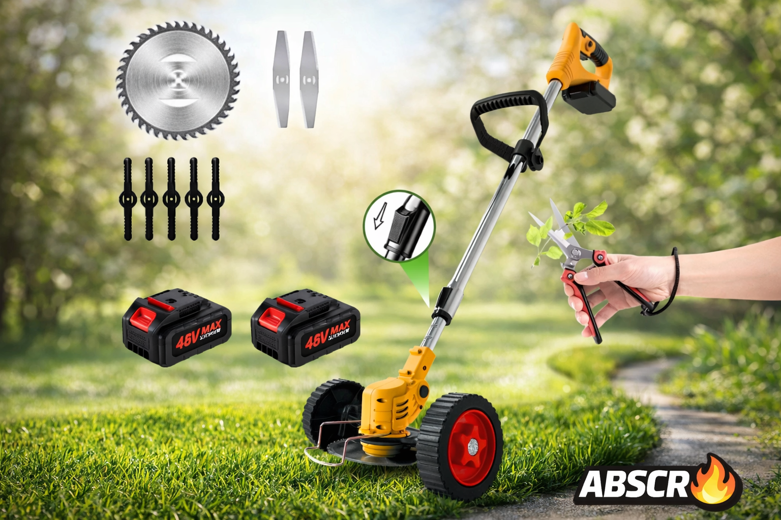 Motocoasă Electrică cu 2 Acumulatori 48V 4000 mAh, 18000 RPM, cu Roți Detasabile, Disc + 2 Lame + 5 Palete Incluse – Trimmer Profesional Iarbă și Buruieni