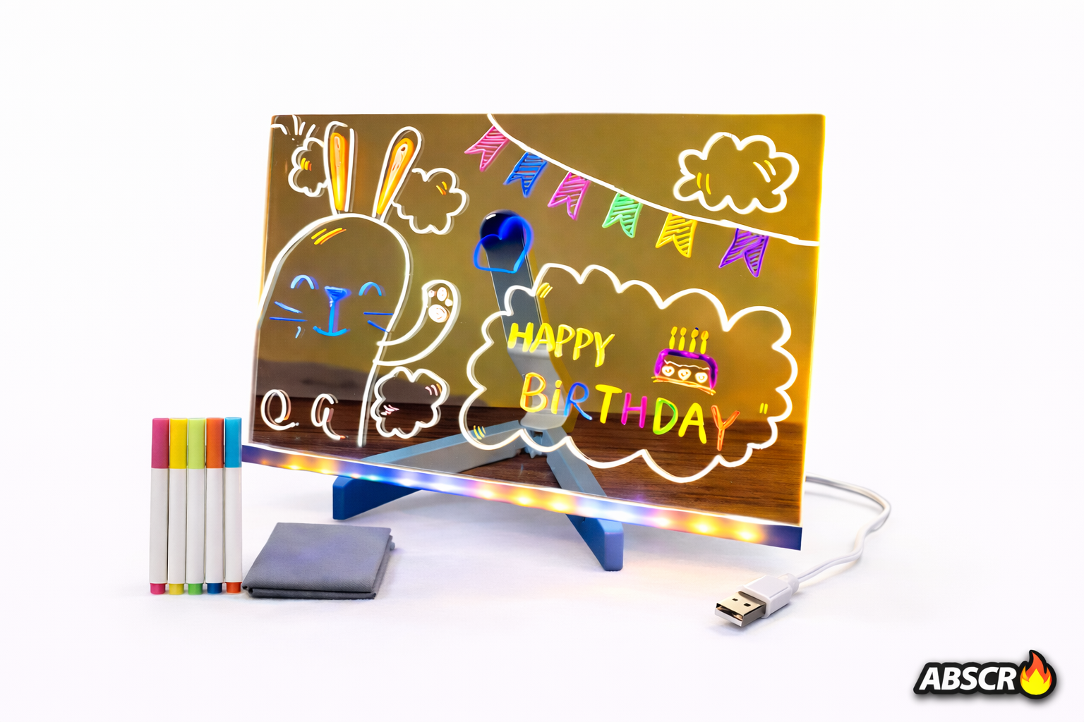 Tabla acrilica luminata LED, pentru desen si scriere, suport reglabil, 7 carioci colorate, laveta inclusa, alimentare USB, 30 x 20 cm, reutilizabila PromotiiZilnice