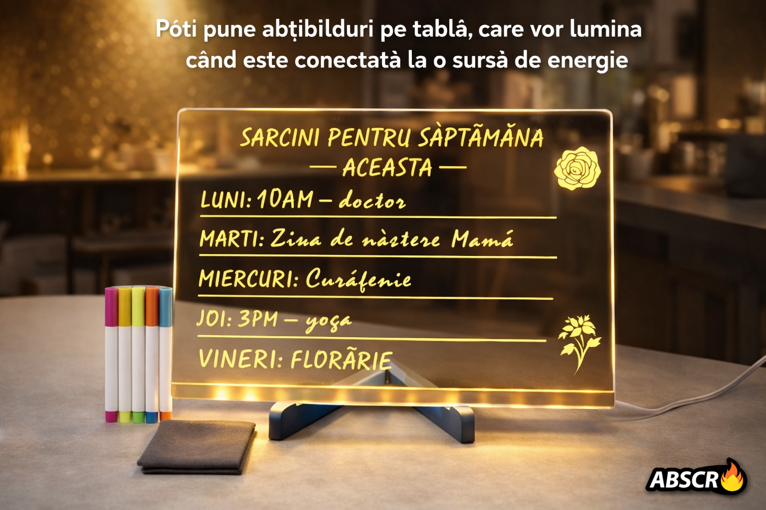 Tabla acrilica luminata LED, pentru desen si scriere, suport reglabil, 7 carioci colorate, laveta inclusa, alimentare USB, 30 x 20 cm, reutilizabila PromotiiZilnice